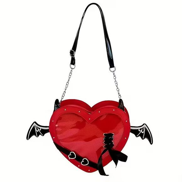 Gothic Heart Ita Bag with Bat Wings Red PU Leather - Picture 4 of 5